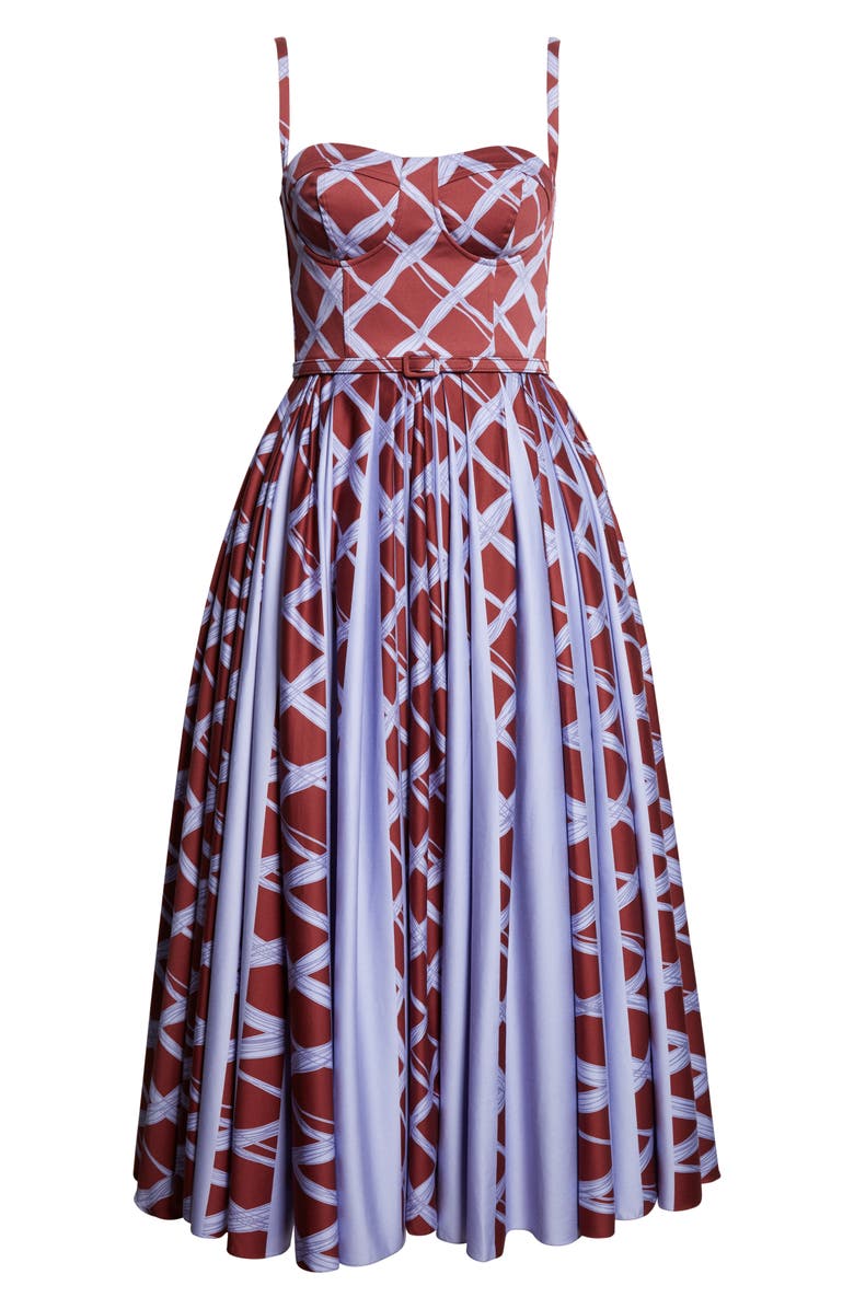 Oscar de la Renta Wavy Plaid Stretch Cotton Bustier Dress, Alternate, color, Burgundy/ Blue