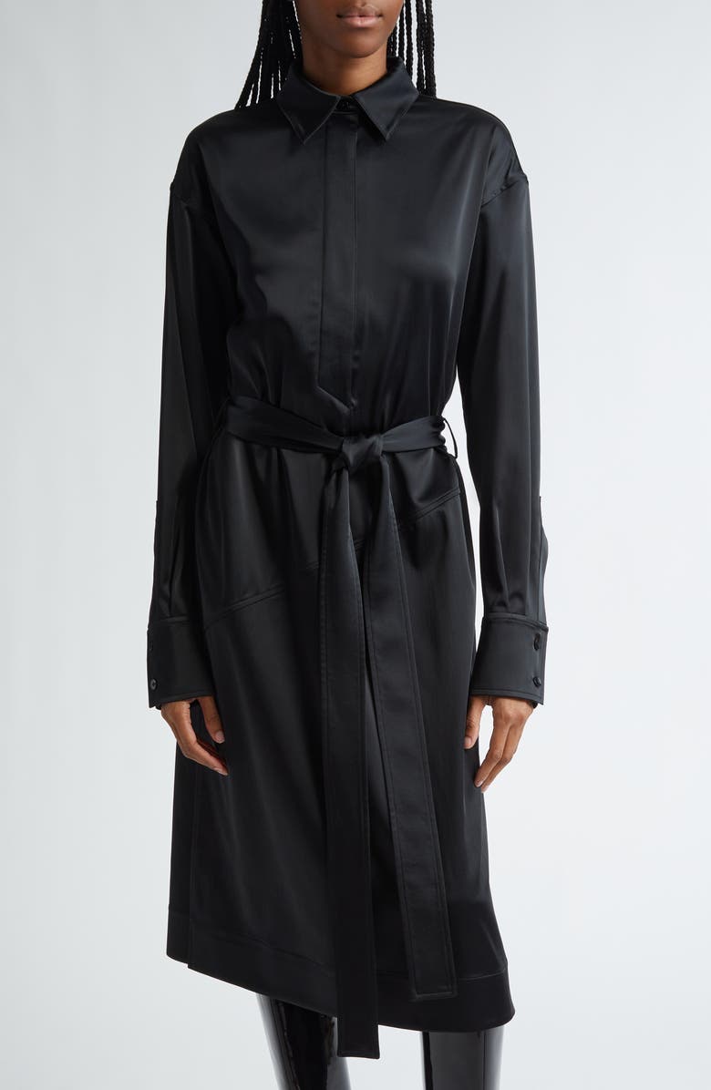 Proenza Schouler Andy Belted Long Sleeve Satin Shirtdress, Alternate, color, Black