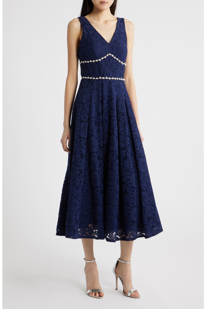 Faux Pearl & Rhinestone Detail Floral Lace Cocktail Midi Dress, Main, color, NAVY