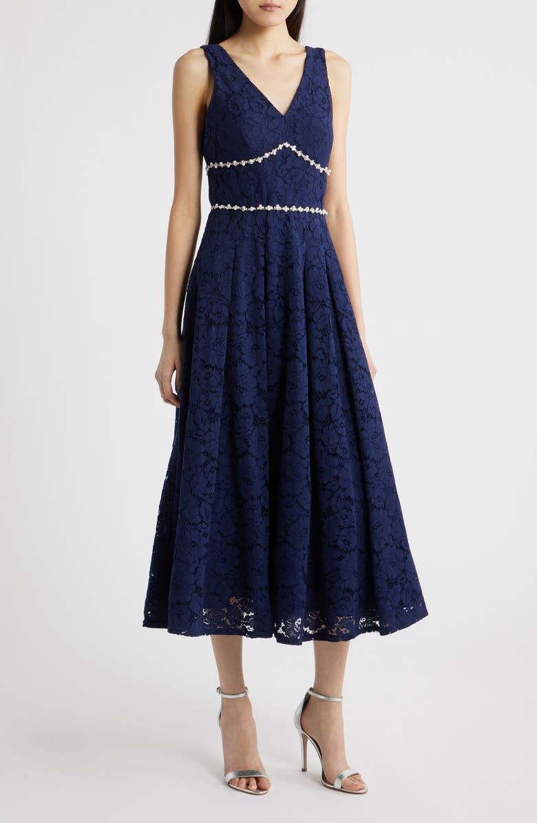 Tahari ASL Faux Pearl & Rhinestone Detail Floral Lace Cocktail Midi Dress, Main, color, Navy