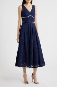Tahari ASL Faux Pearl & Rhinestone Detail Floral Lace Cocktail Midi Dress