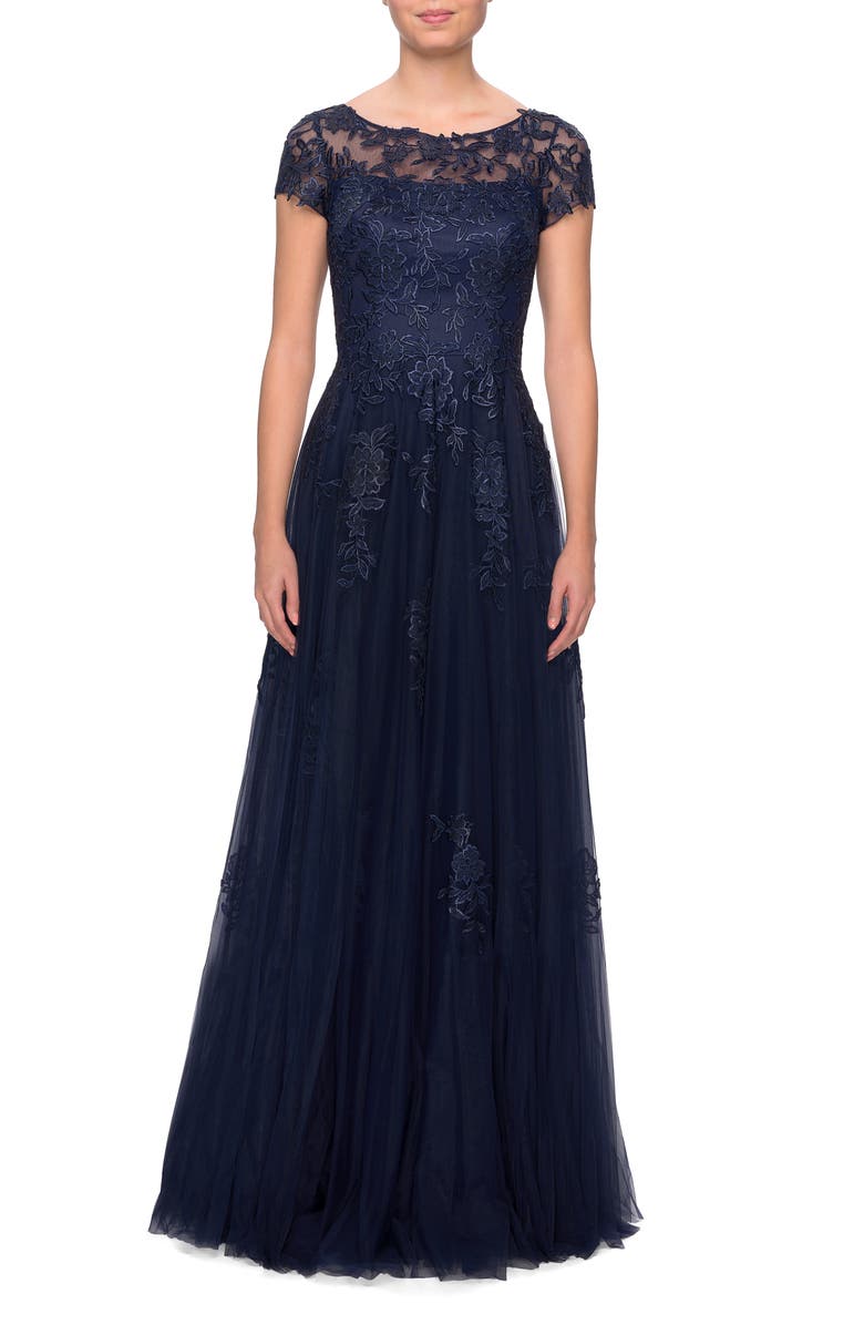 La Femme Beaded Lace Rhinestone A-line Evening Gown, Main, color, Navy