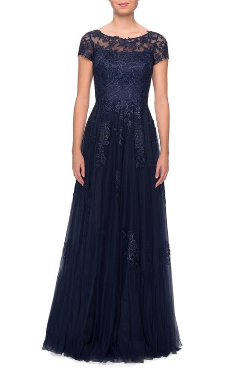 Beaded Lace Rhinestone A-line Evening Gown