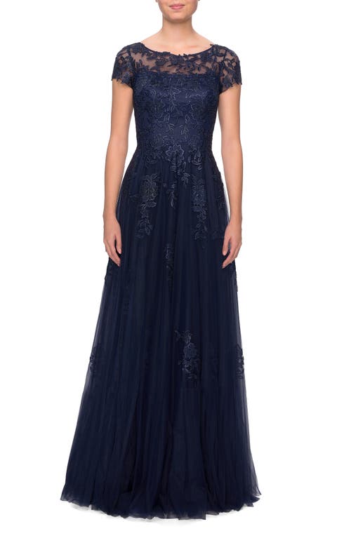 La Femme Beaded Lace Rhinestone A-line Evening Gown in Navy 