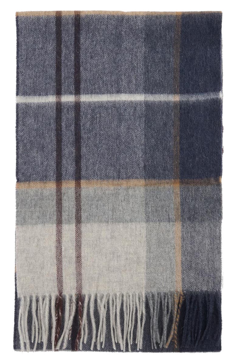Barbour Carbridge Plaid Fringed Wool & Cashmere Scarf, Main, color, Grey Midnight Tartan