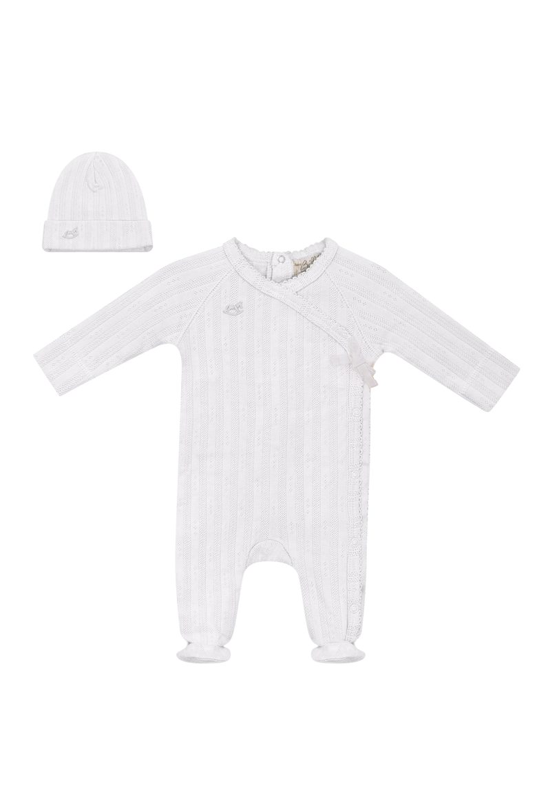 Pointelle Rib Wrap Romper and Matching Hat, Main, color, White