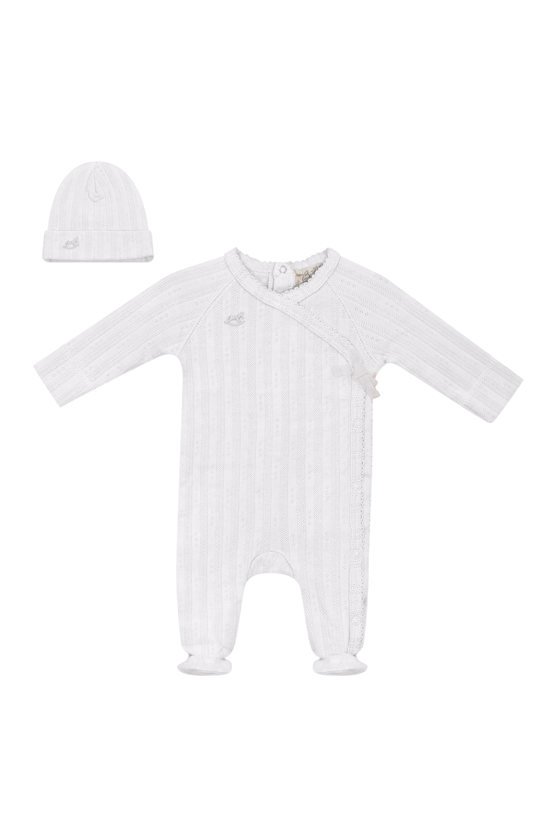 Bebe Bella Pointelle Rib Wrap Romper and Matching Hat, Main, color, White