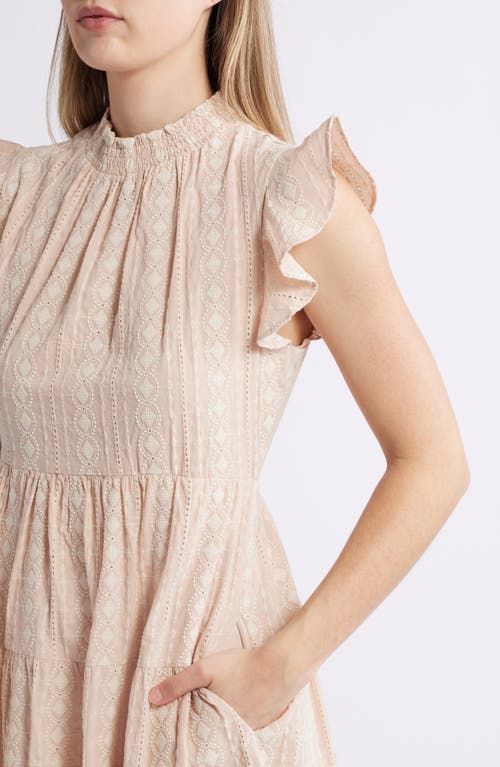 Julia Jordan Embroidered Ruffle Sleeve Cotton Dress In Beige Ivory