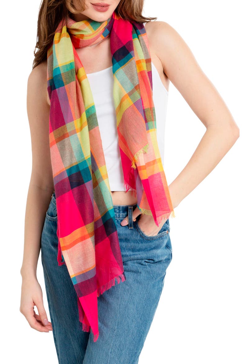 Plaid Fringe Scarf, Main, color, FUCHSIA