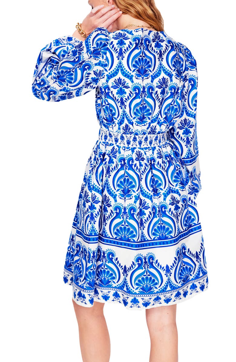 Boden Mya Print Long Sleeve Cotton Dress, Alternate, color, Blue, Ornamental Floral