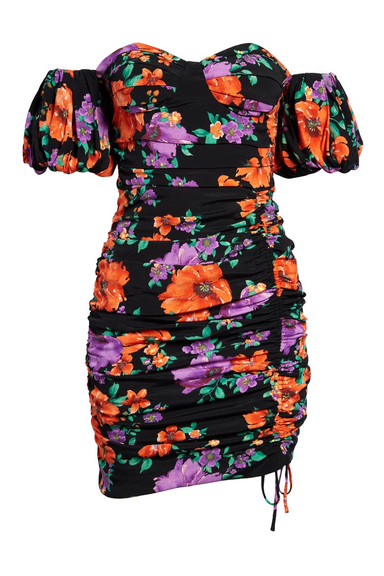 Floral Ruched Off the Shoulder Minidress, Alternate, color, BLACK RED FLORAL