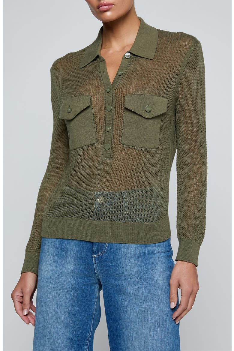 Carine Pointelle Polo Sweater, Main, color, SMOKEY OLIVE