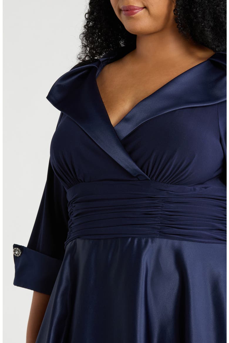 Rhinestone Button Cuff Sleeve Mixed Media Gown, Alternate, color, NAVY