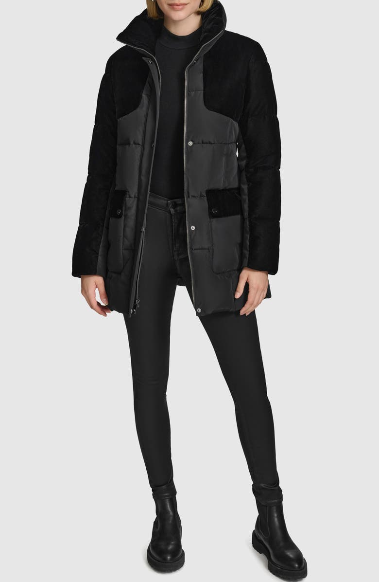 Andrew Marc Kempsey Belted Mixed Media Coat, Alternate, color, Black