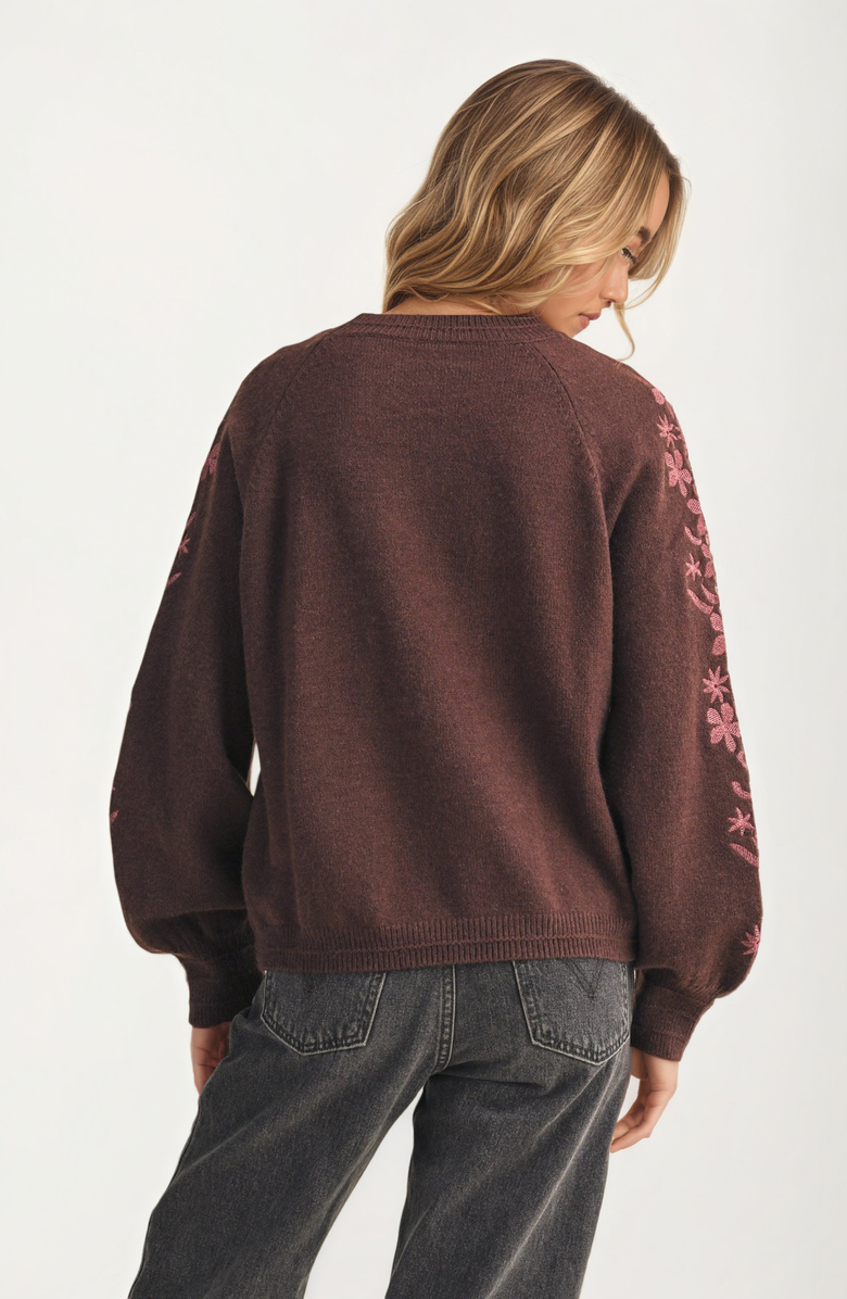 Knit and Lounge Floral Embroidered Sleeve Sweater, Alternate, color, Burgundy