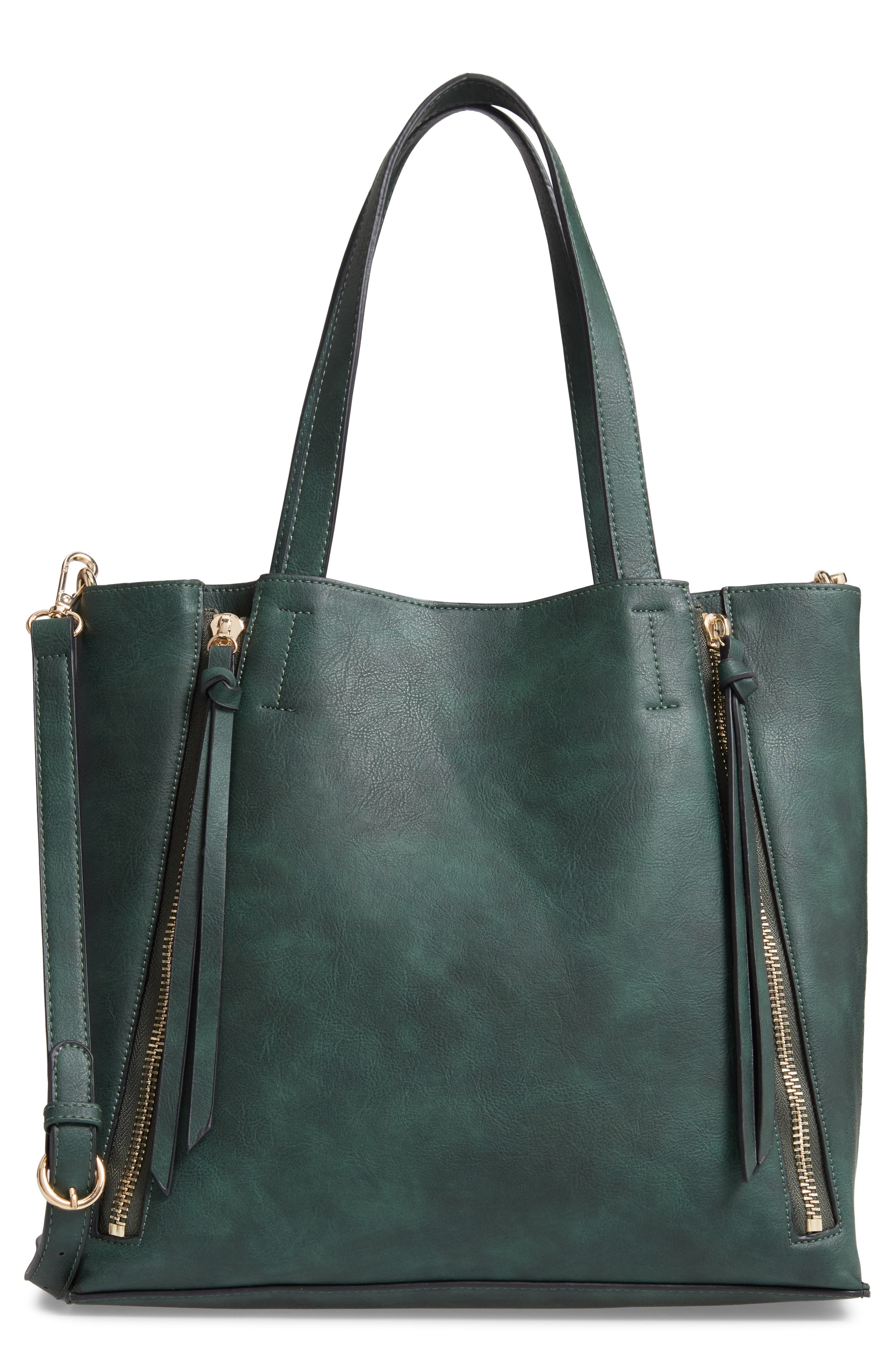 Leigh Convertible Zipper Faux Leather Tote, Main, color, GREEN WOOD