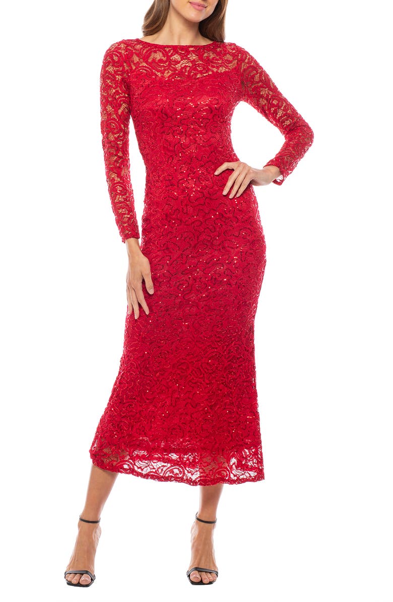 Marina Sequin Lace Long Sleeve Gown, Main, color, Red