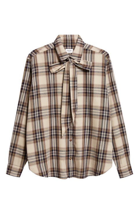 Relaxed Plaid Tie Neck Button-Up Shirt