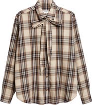 Saint Laurent Relaxed Plaid Tie Neck Button-Up Shirt