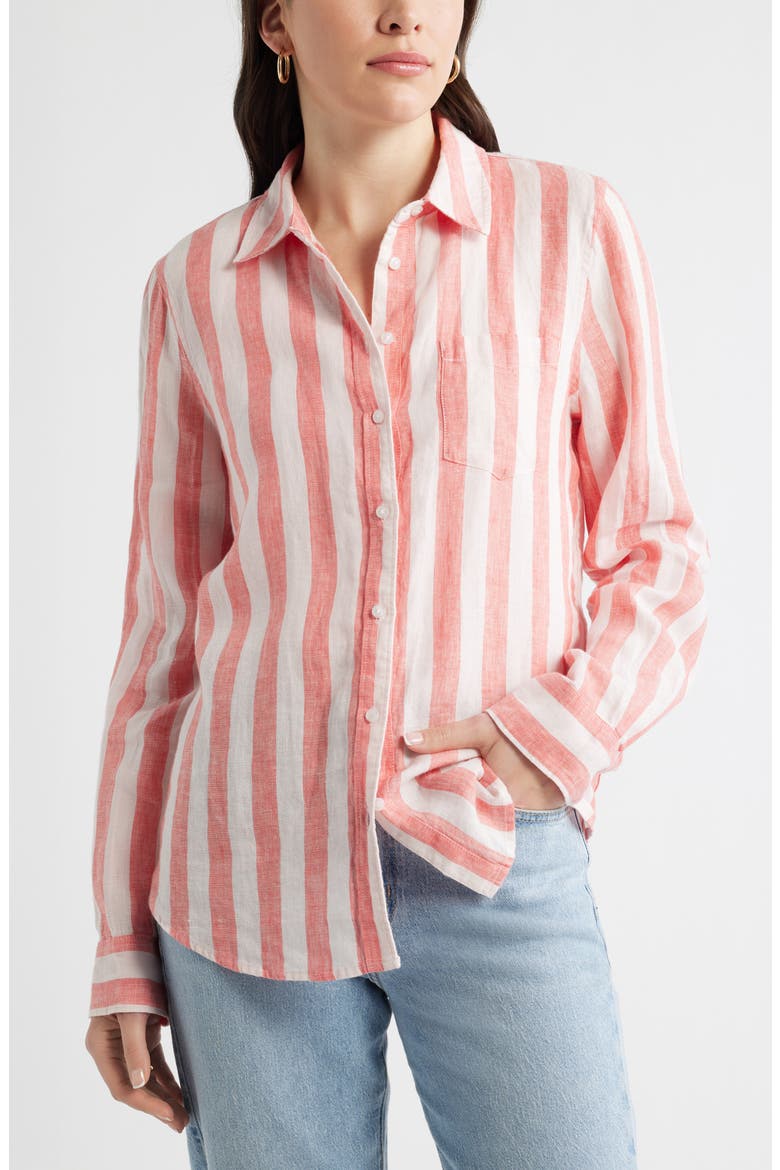 Casual Linen Button-Up Shirt, Main, color, PINK- CORAL CABANA STRIPE