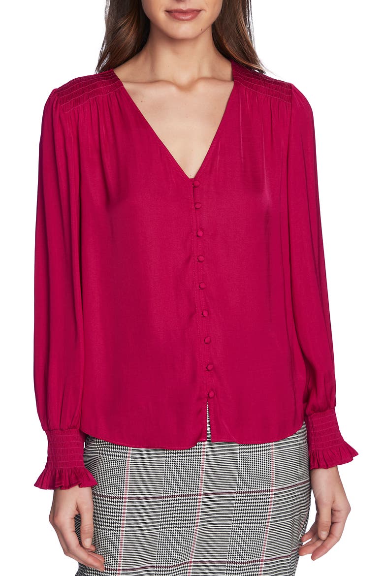 Smocked Detail Button-Up Blouse, Alternate, color, WILD FUCHSIA