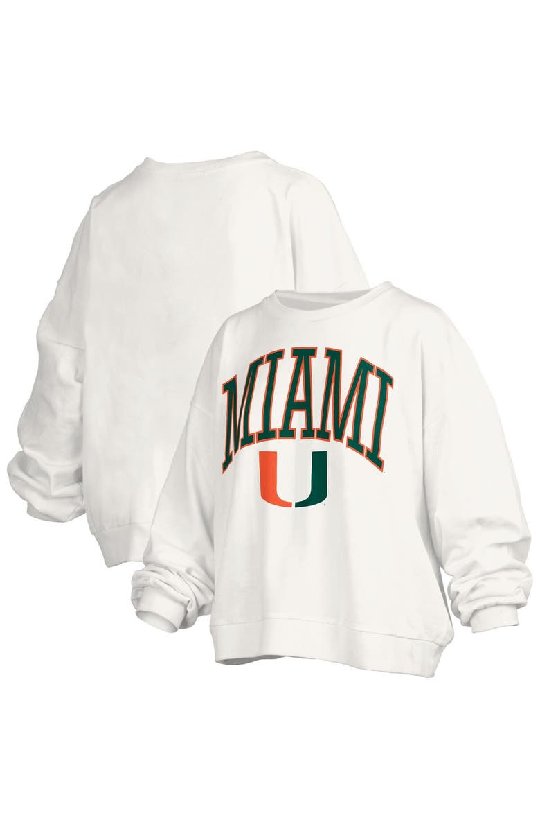 PRESSBOX Women's Pressbox White Miami Hurricanes Janise Arch Over Logo Waist Length Oversized Pullover Sweatshirt, Alternate, color,