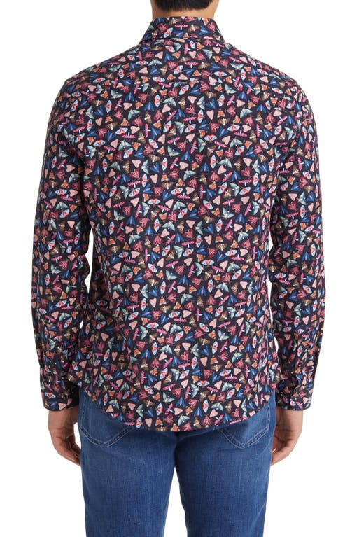 Stone Rose Moth Print Button-up Shirt In Navy