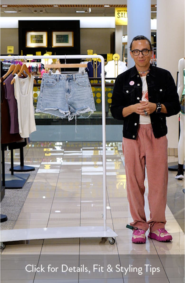 Rhinestone Raw Hem High Waist Denim Shorts, sales video thumbnail