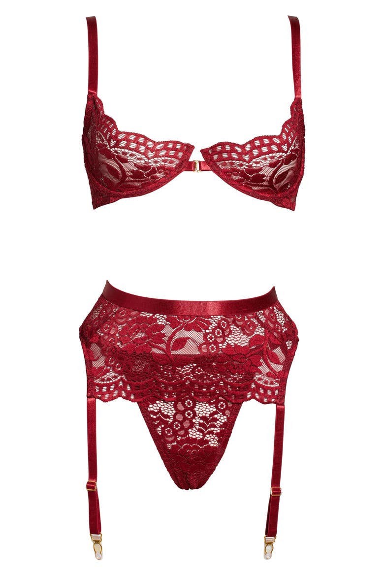 Underwire Bra, Garter Belt & Thong Set, Alternate, color, RUBY