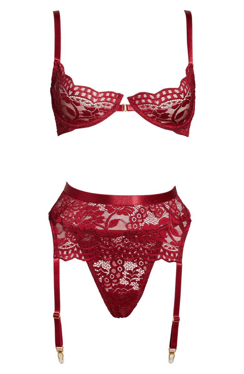 Coquette Underwire Bra, Garter Belt & Thong Set, Alternate, color, Ruby