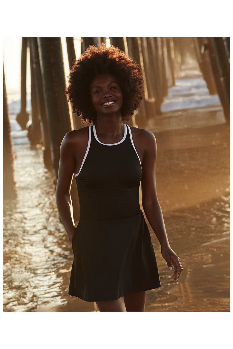 Long Torso Tugless High Neck Swim Dress Swimsuit, Alternate, color, Black/White