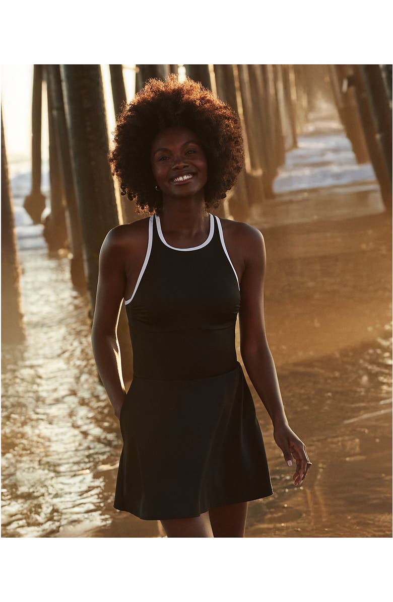 Lands' End Chlorine Resistant Tugless High Neck Swim Dress One Piece Swimsuit, Alternate, color, Black/White