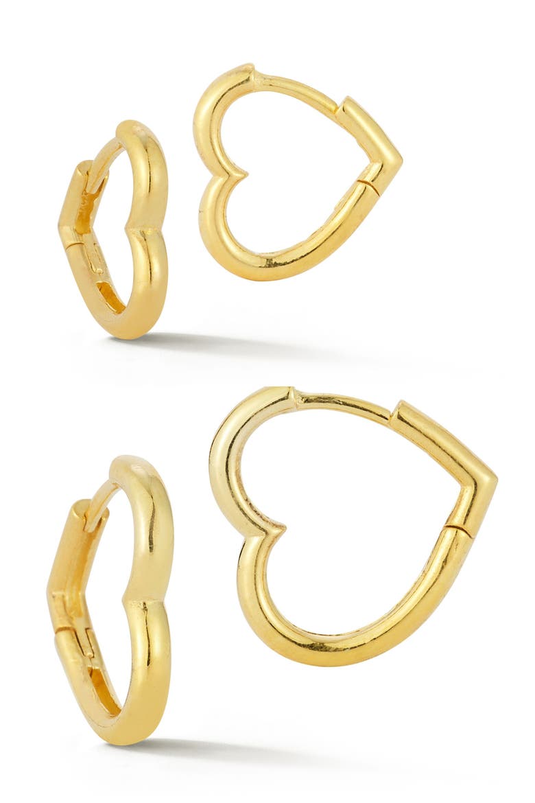 Set Of 2 Heart Huggie Hoop Earrings, Main, color, GOLD