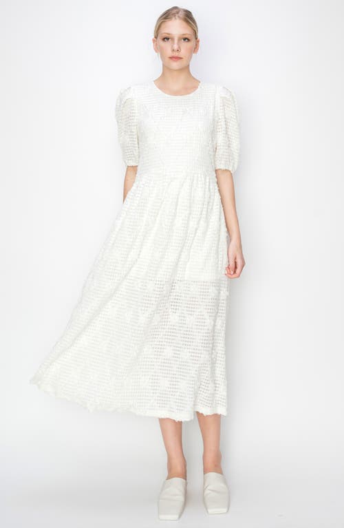 Melloday Textured Jacquard Puff Sleeve Midi Dress In White