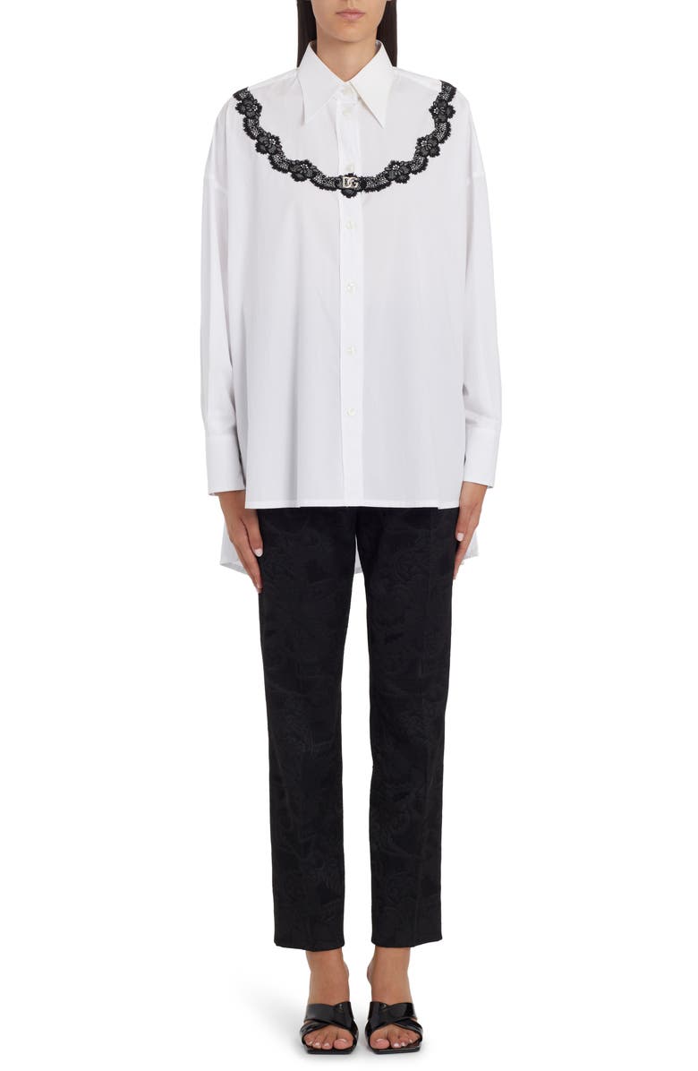 Dolce&Gabbana Oversize Lace Yoke High-Low Cotton Blend Button-Up Shirt, Alternate, color, 