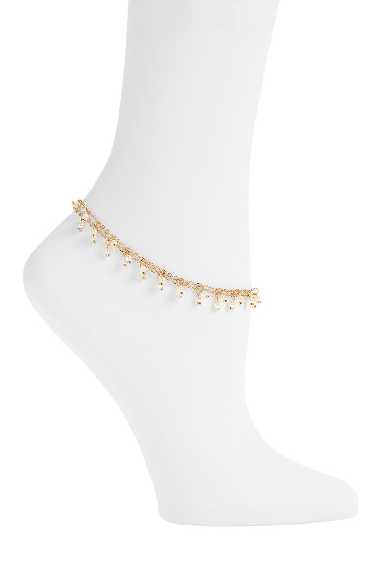 Dual Strand Faux Pearl Drop Layered Anklet, Main, color, WHITE- GOLD