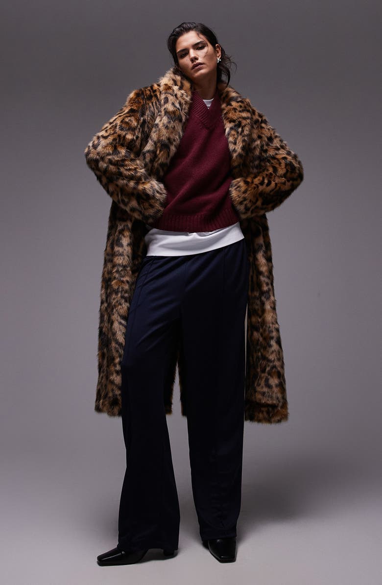 Topshop Leopard Faux Fur Longline Coat, Main, color, 