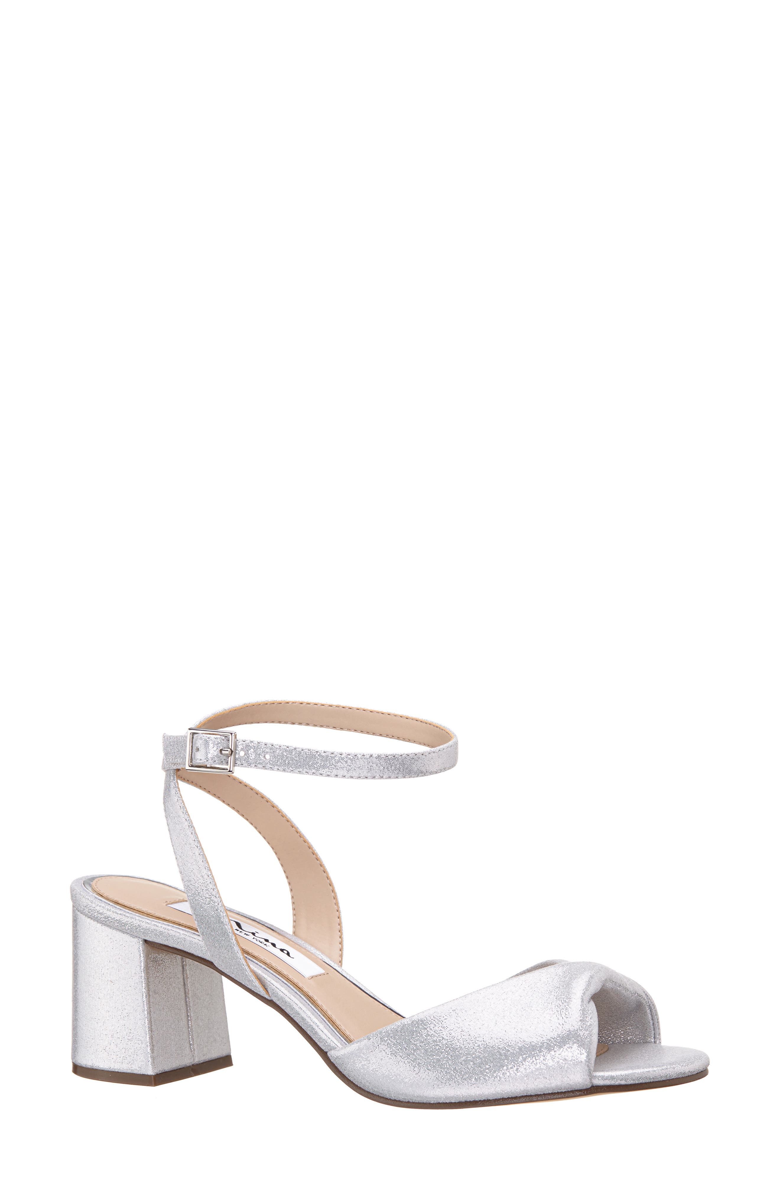 Nina Nigella Glitter Ankle Wrap Sandal, Main, color, Silver