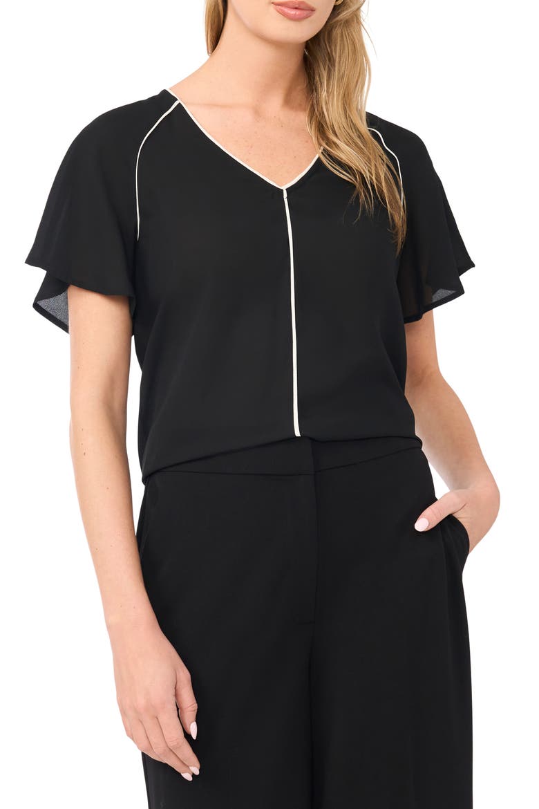 Piped Flutter Sleeve Top, Main, color, RICH BLACK