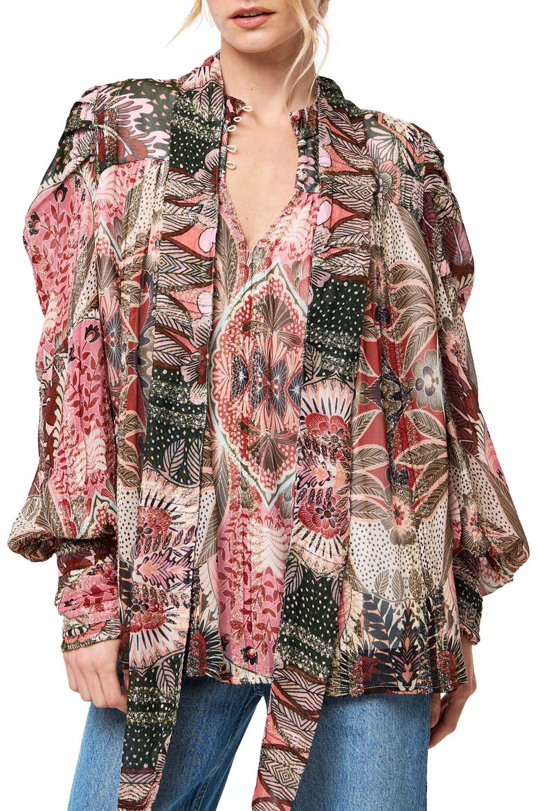 Lynn Metallic Stripe Tie-Neck Top, Main, color, RED MULTI