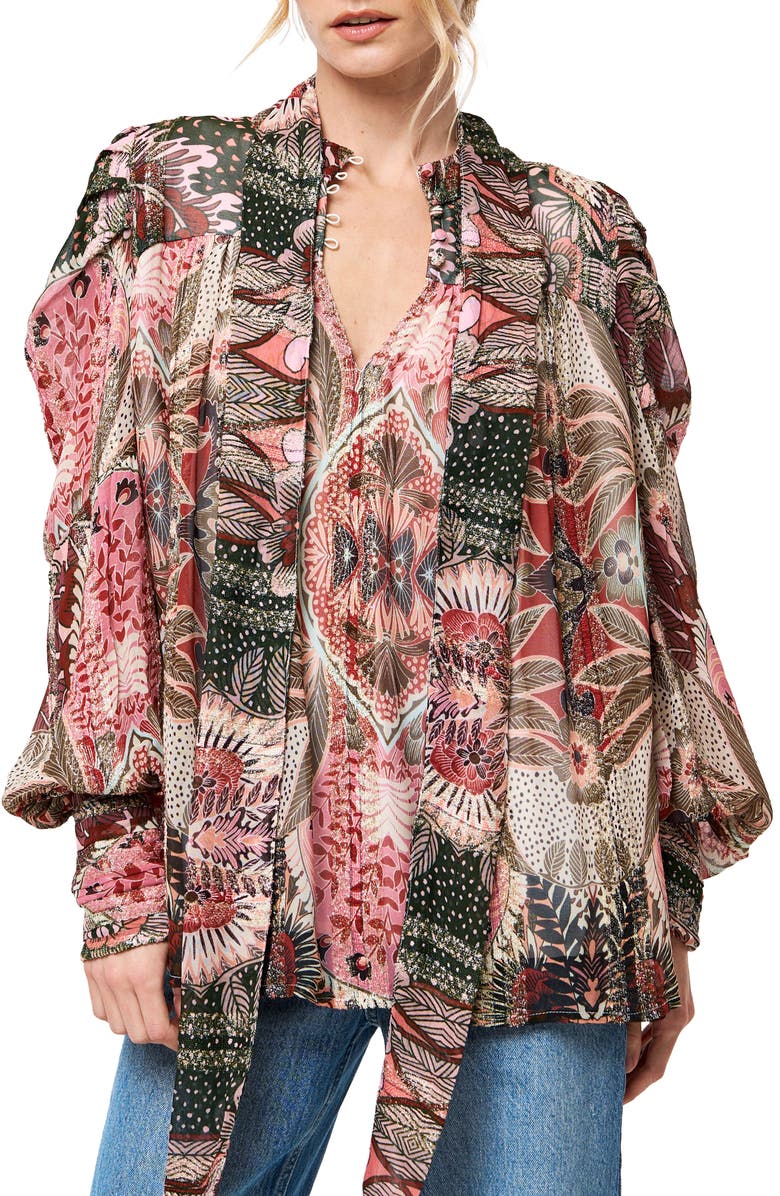 CIEBON Lynn Metallic Stripe Tie-Neck Top, Main, color, Red Multi