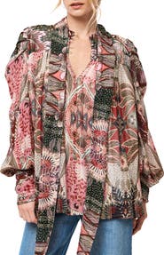 CIEBON Lynn Metallic Stripe Tie-Neck Top