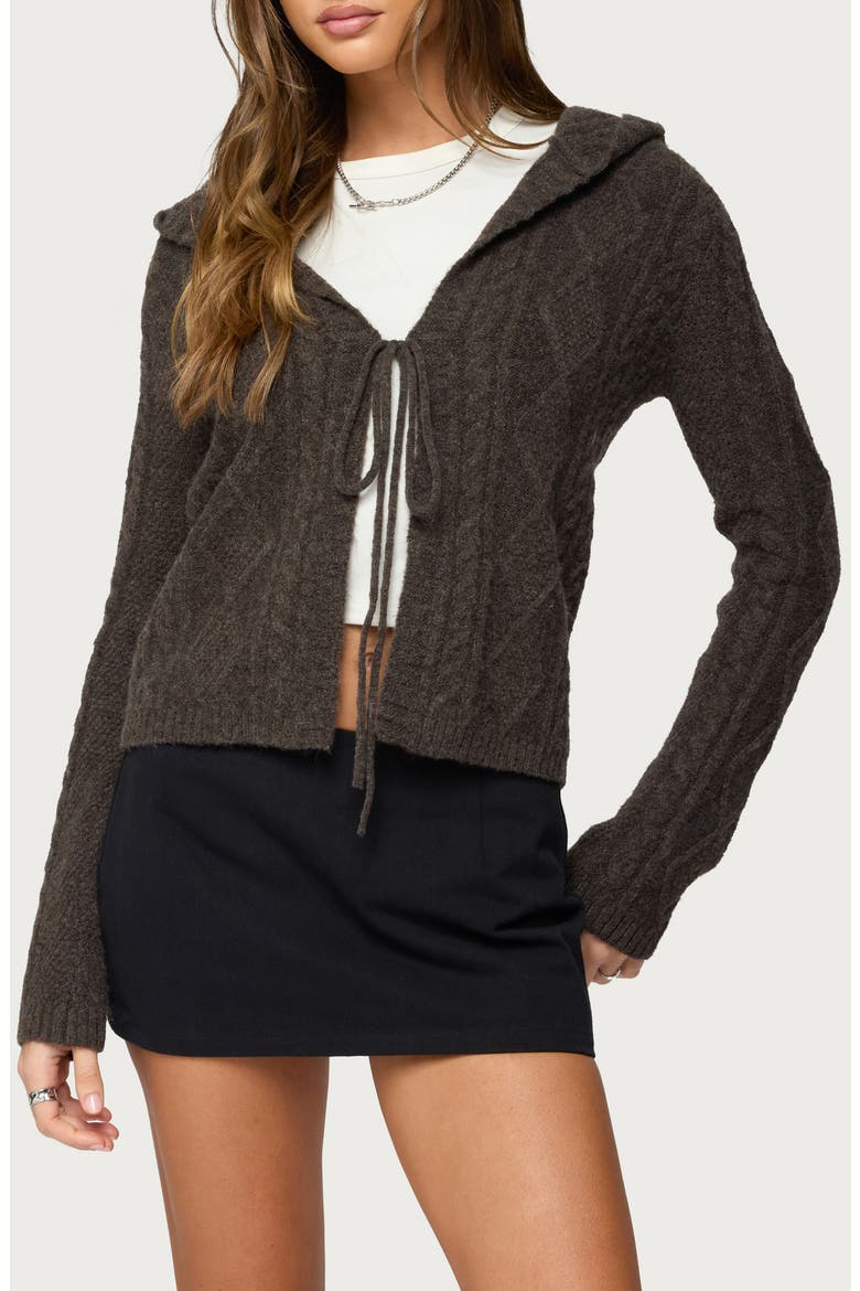 Jayla Cable Knit Hooded Cardigan, Main, color, BROWN