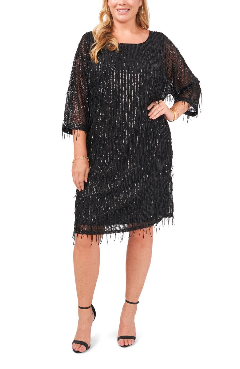 Vince Camuto Sequin Stripe Fringe Shift Dress, Main, color, 