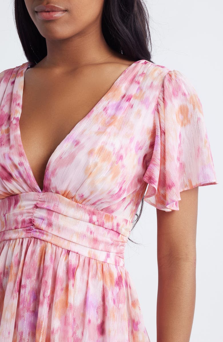 Lulus Eva Short Sleeve Tiered Chiffon Midi Dress, Alternate, color, Fuchsia Multi