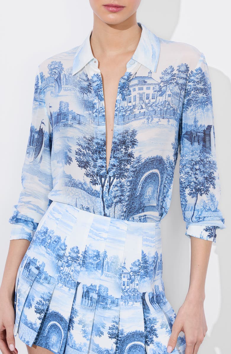 Alice + Olivia Willa Print Silk Button-Up Shirt, Alternate, color,