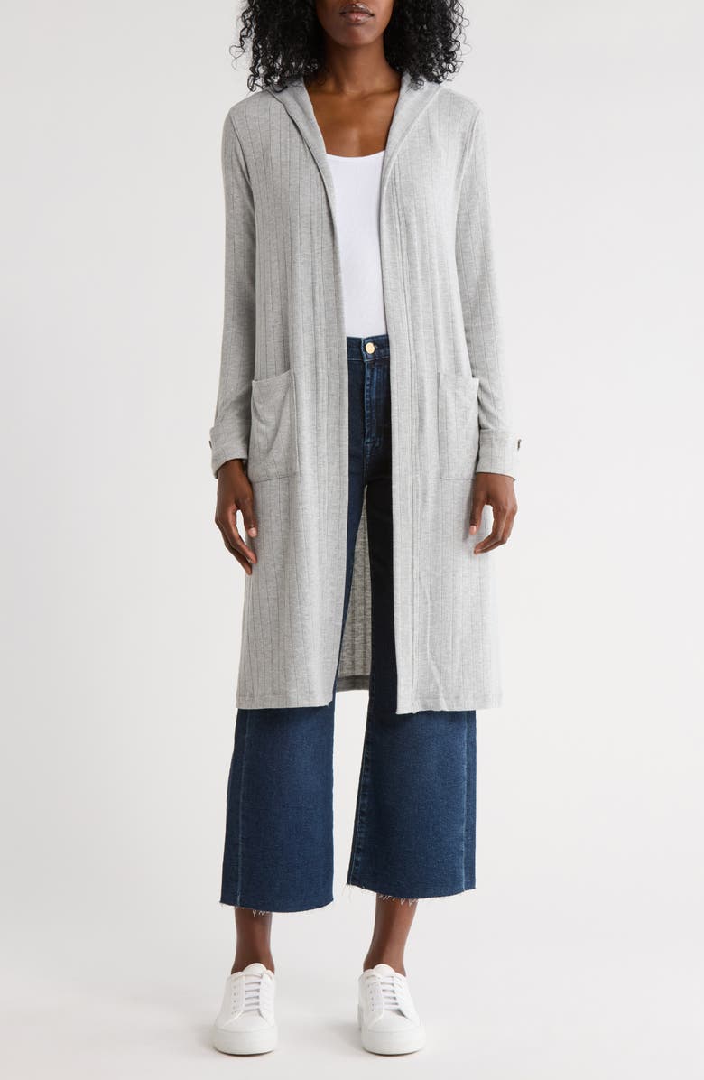 CHENAULT Hooded Ribbed Long Cardigan, Main, color, Heather Grey