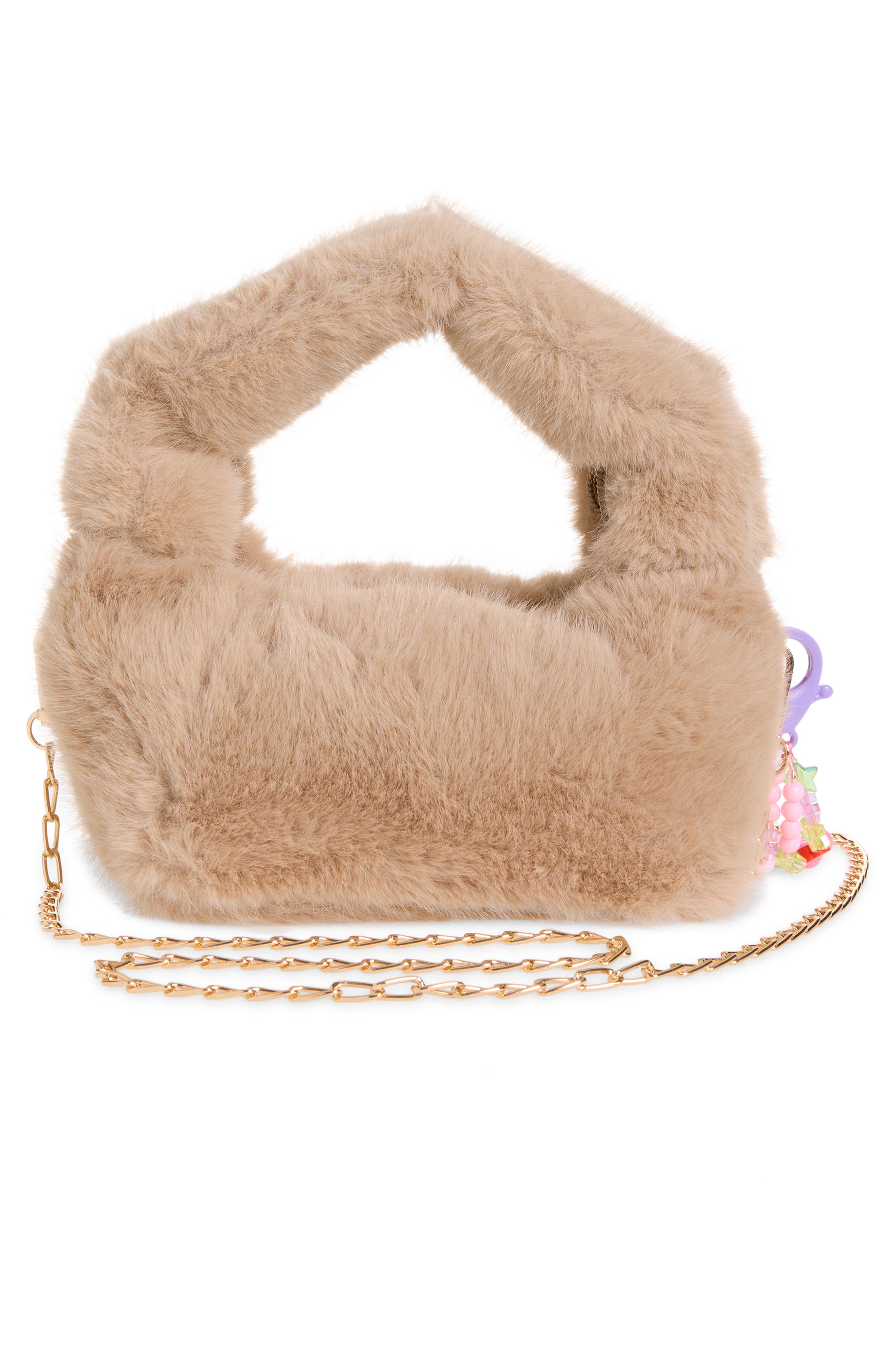 Kids' Faux Fur Plush Bag with Charm, Alternate, color, OATMEAL