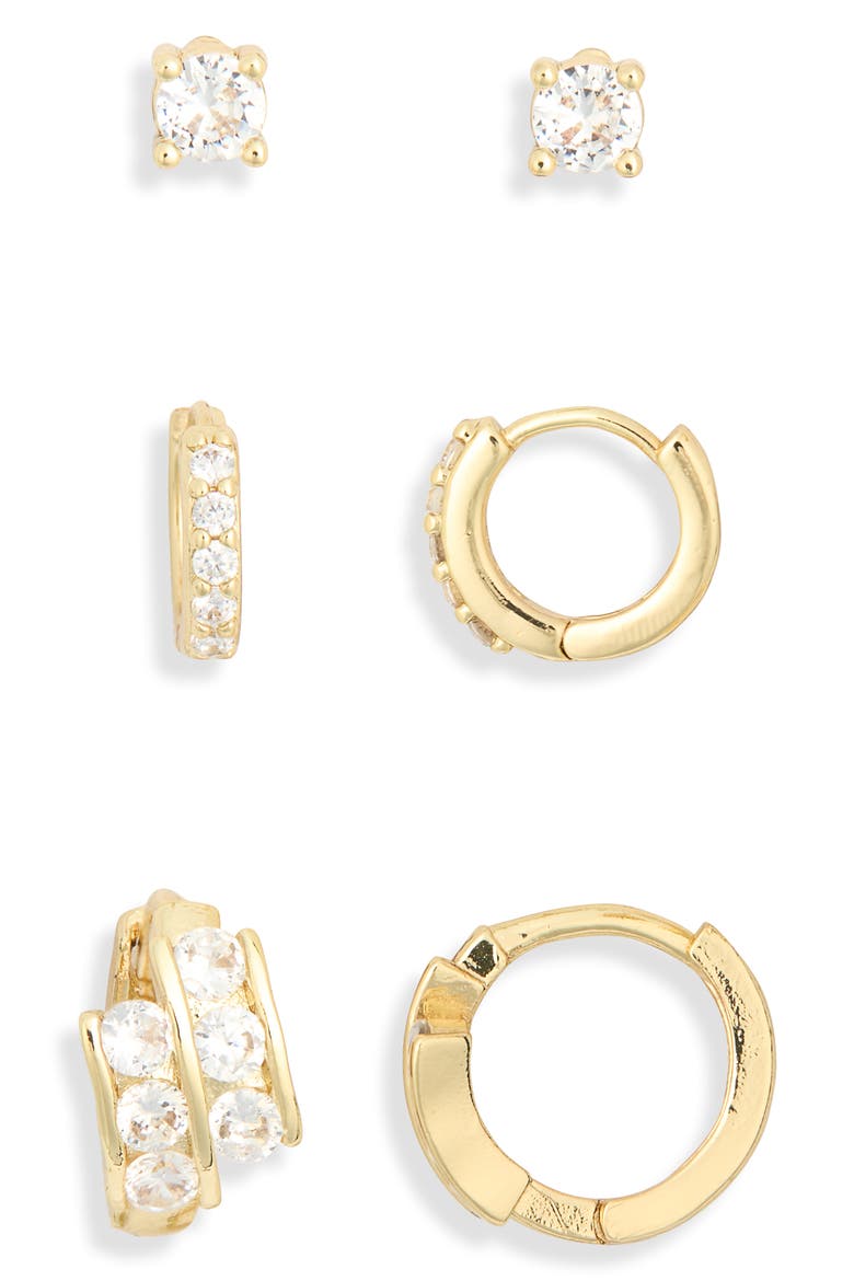 Set of 3 Cubic Zirconia Stud & Huggie Hoop Earrings, Main, color, CLEAR- GOLD