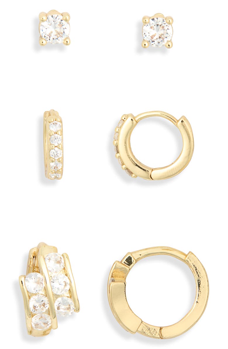 NORDSTROM RACK Set of 3 Cubic Zirconia Stud & Huggie Hoop Earrings, Main, color, Clear- Gold
